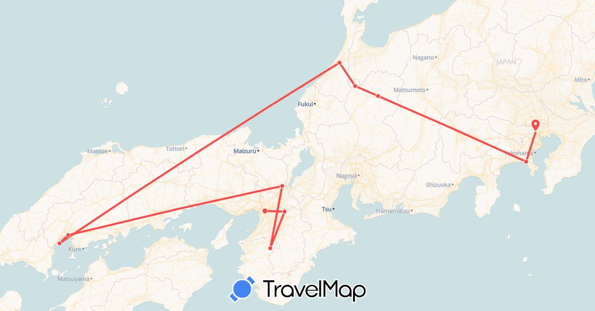 TravelMap itinerary: train, hiking in Japan (Asia)